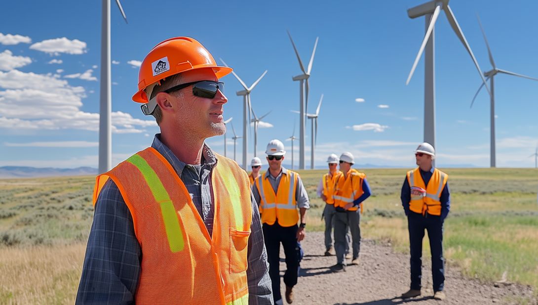 Bau einer Windkraftanlage, Ingenieure und Bauarbeiter begutachten eine Windkraftanlage