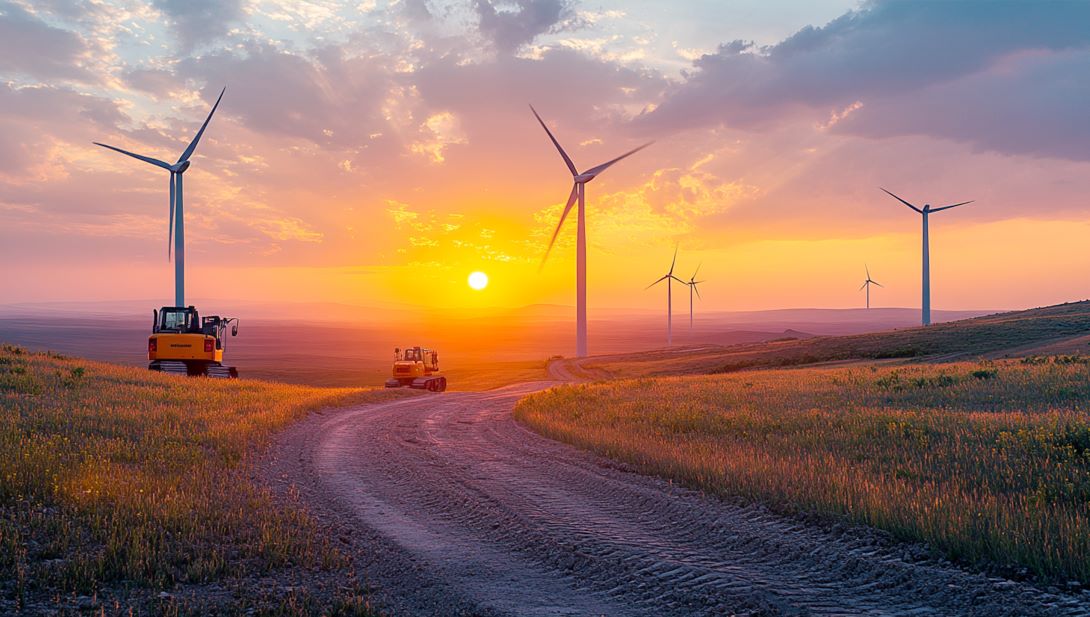 Baustelle einer Windkraftanlage bei Sonnenuntergang