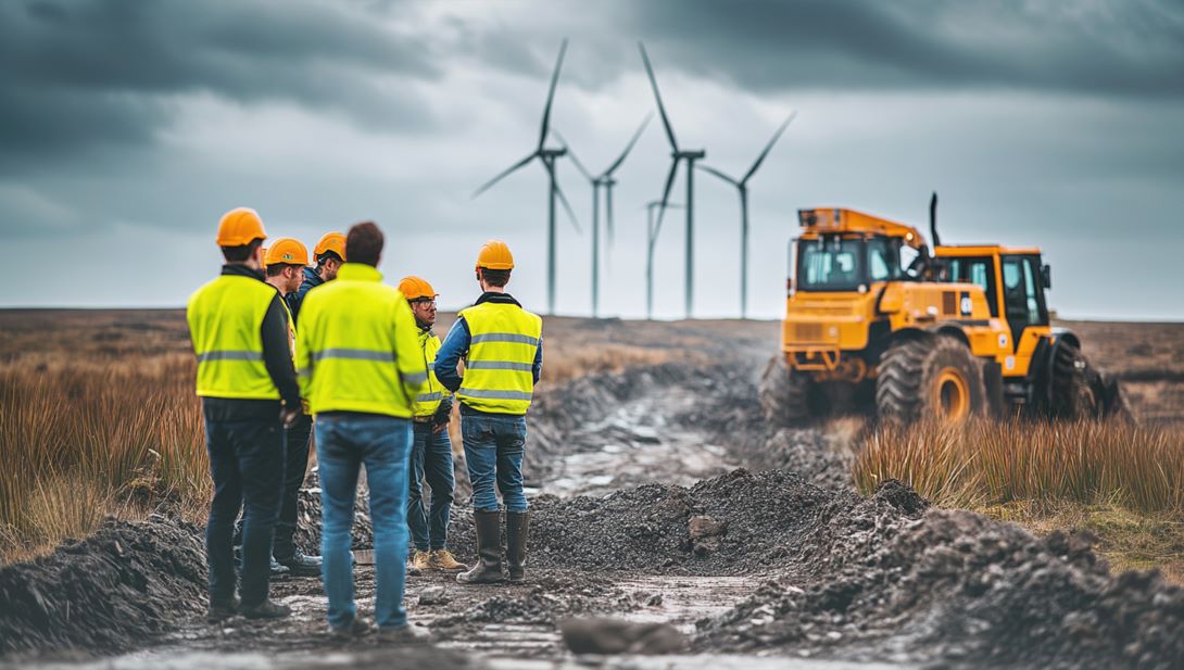 Auf der Baustelle einer Windkraftanlage, Bagger, Ingenieure, Bauarbeiter