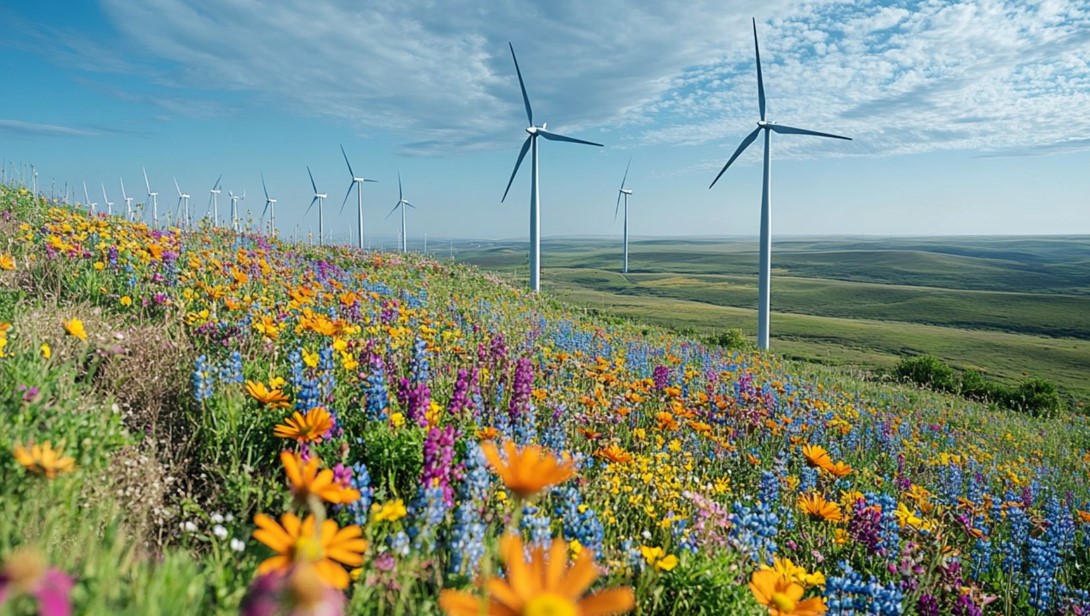 Windräder in der Natur mit Blumenwiese im Vordergrund