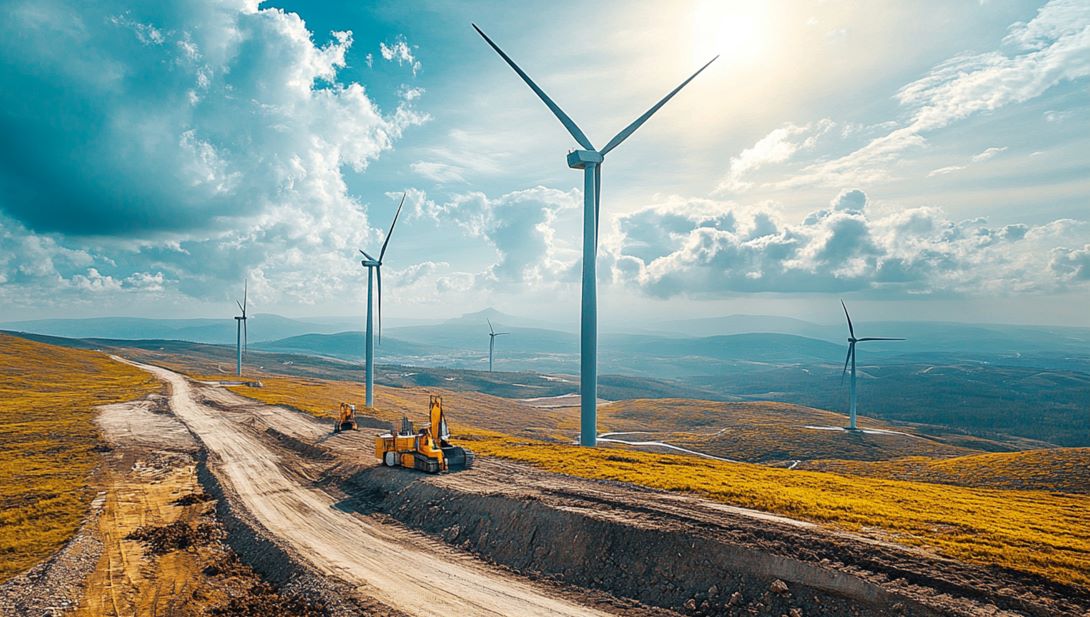 Installation von Wind- und Solarenergieanlagen, auf der Baustelle einer Windenergieanlage