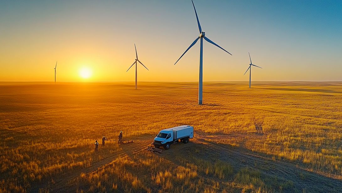 Projektierung für erneuerbare Energien, Windräder und Ingenieure auf einem Feld