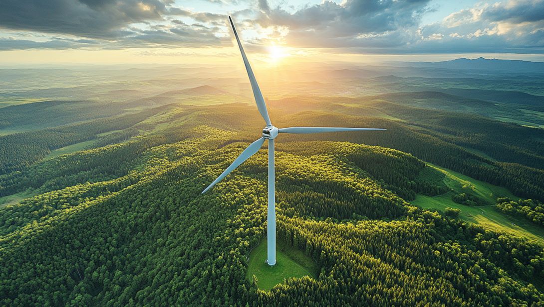 Windprojekte: die größten Erfolge und Rekorde, Windrad auf einem bewaldeten Hügel